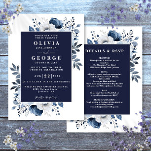 Convites Casamento Azul Marinho Elegante Floral Completo