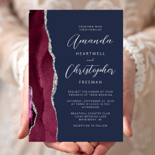 Convites Casamento Azul Marinho Escrito em Ágata Prata Borg