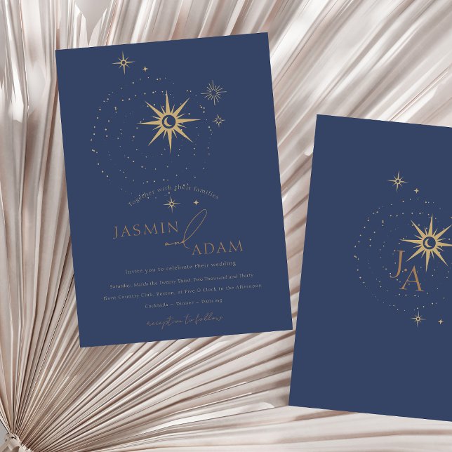 Convites Casamento Azul Marinho Estrelas Celestiais Ouro El (Celestial Gold and Navy Blue Stars Wedding Invitation)
