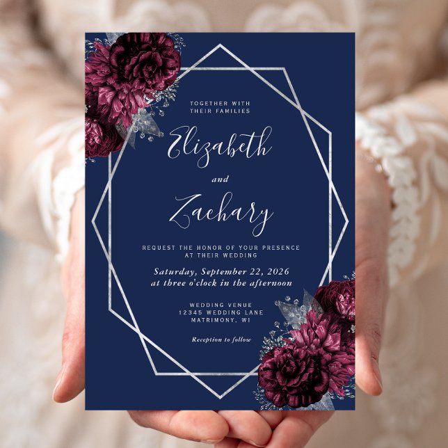 Convites Casamento Azul Marinho Floral Prata Borgonha (Criador carregado)