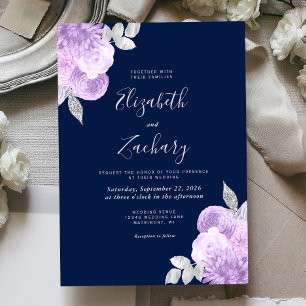 Convites Casamento Azul Marinho Floral Prata Lilás