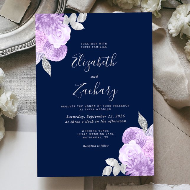 Convites Casamento Azul Marinho Floral Prata Lilás (Criador carregado)