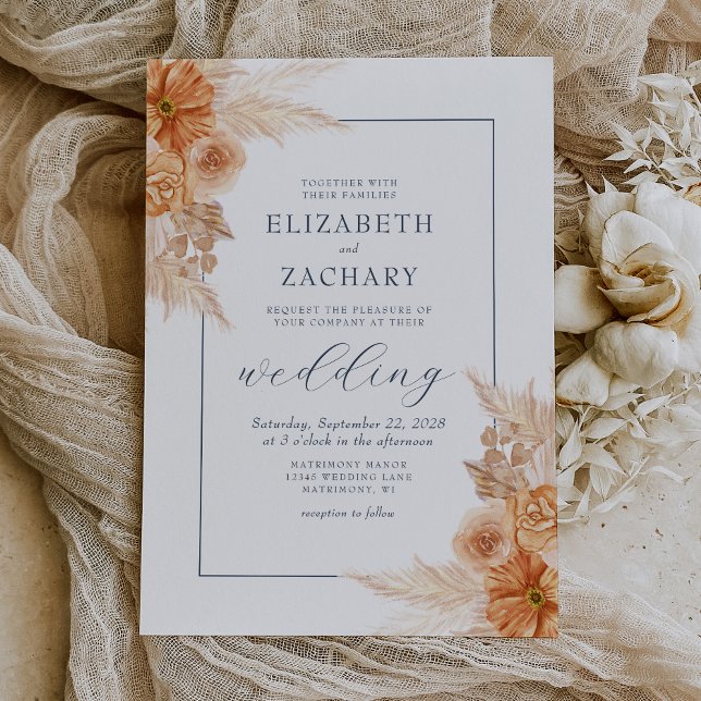 Convites Casamento Azul Marinho Floral Seco Boho (Criador carregado)