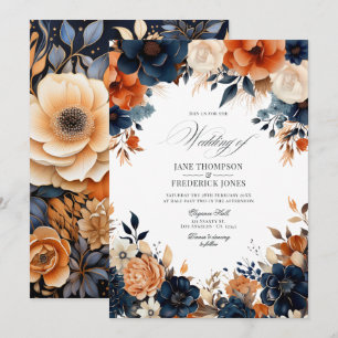 Convites Casamento Azul Marinho, Laranja Queimado e Champan