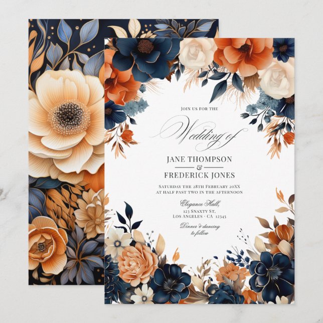 Convites Casamento Azul Marinho, Laranja Queimado e Champan (Frente/Verso)