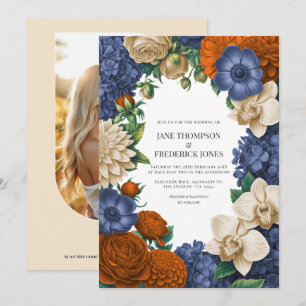Convites Casamento Azul Marinho, Laranja Queimado e Champan