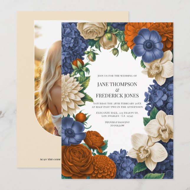 Convites Casamento Azul Marinho, Laranja Queimado e Champan (Frente/Verso)