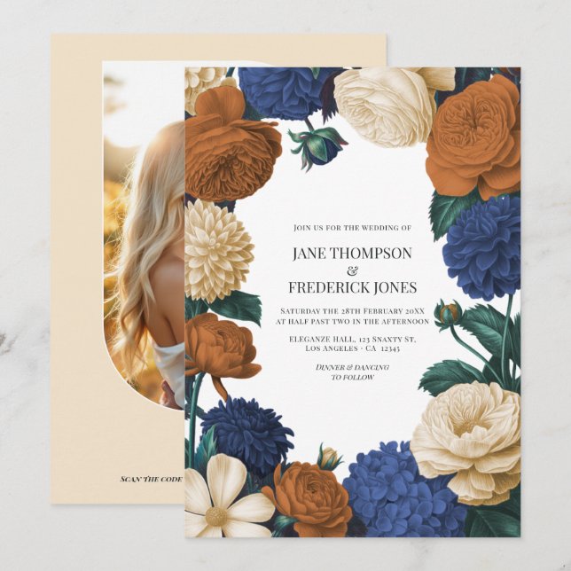Convites Casamento Azul Marinho, Laranja Queimado e Champan (Frente/Verso)