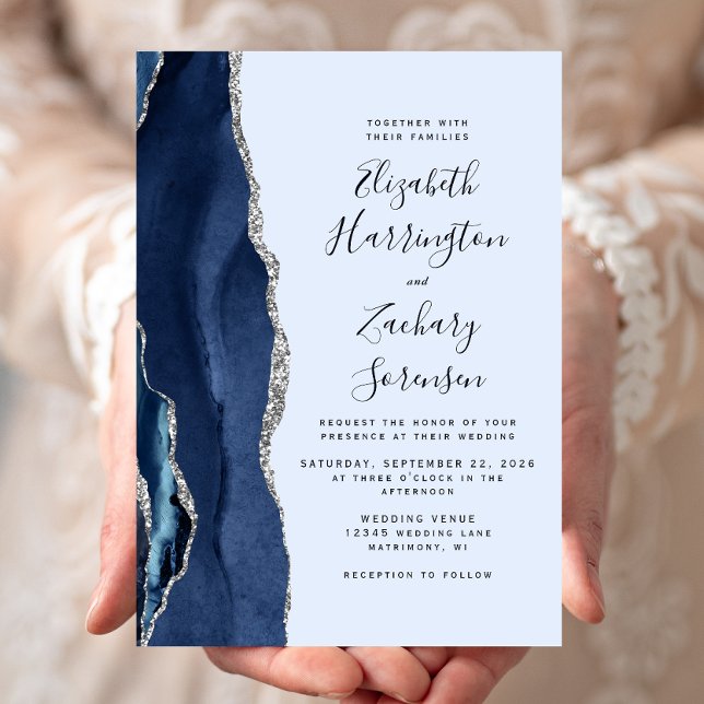 Convites Casamento Azul Marinho Moderno e Ágata Prata Azul  (Criador carregado)
