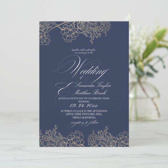 Convites Casamento Azul Marinho Moderno e Elegante (Em pé/Frente)