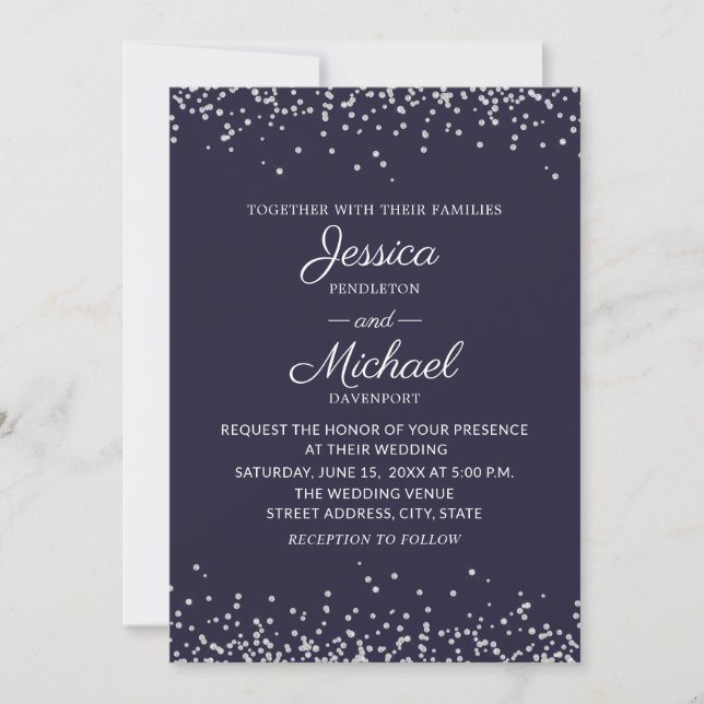 Convites Casamento Azul Marinho Prateado Glitter Moderno e  (Frente)