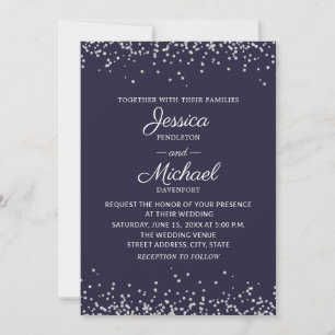 Convites Casamento Azul Marinho Prateado Glitter Moderno e