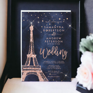 Convites Casamento azul-marinho rosa da torre Eiffel