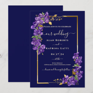 Convites Casamento Azul Marinho Roxo Violetas Moldura Doura