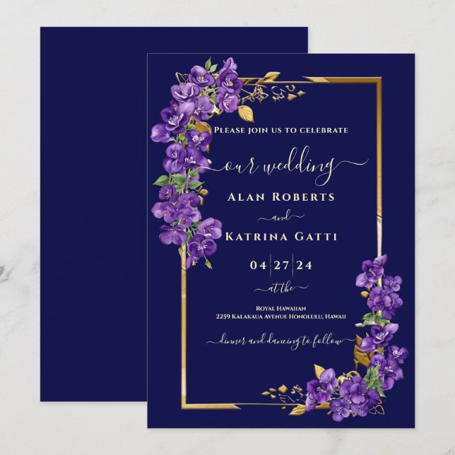 Convites Casamento Azul Marinho Roxo Violetas Moldura Doura (Frente/Verso)