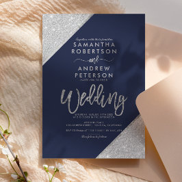 Convites Casamento azul marinho tipografia brilho prateado 