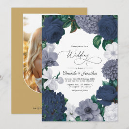 Convites Casamento Azul Marinho Vintage, Cinza Tempestade e