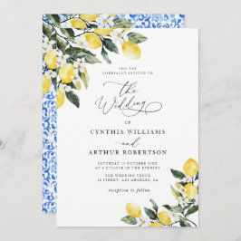 Convites casamento azul-mediterrânico com limão