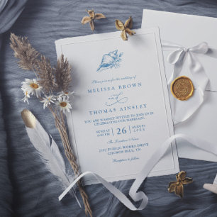Convites Casamento Azul Minimalista Vintage Concha Elegante