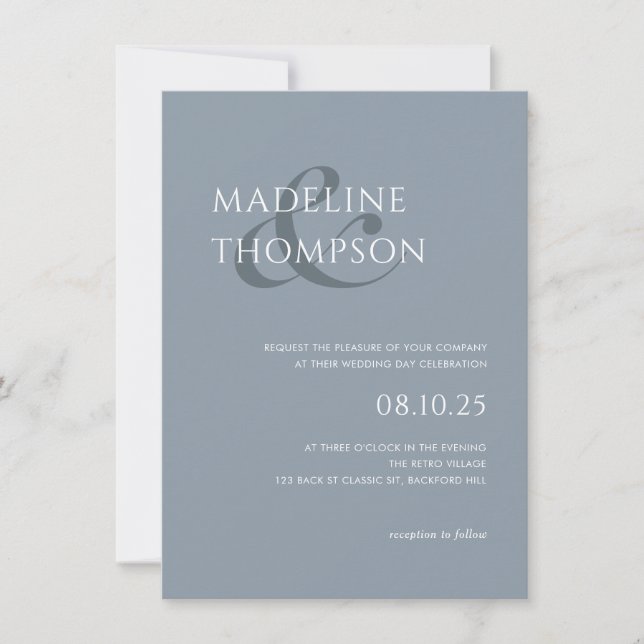Convites Casamento Azul Mínimo Moderno Ampersand Pale (Frente)
