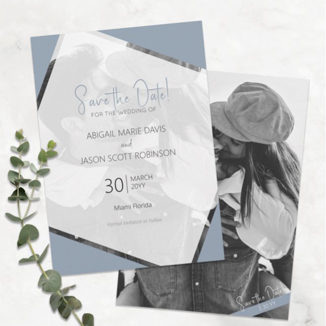 Convites Casamento Azul Mínimo Moderno Salva a Data (Modern Minimalist Dusty Blue Wedding Save the Date with Black and White Engagement Photo)