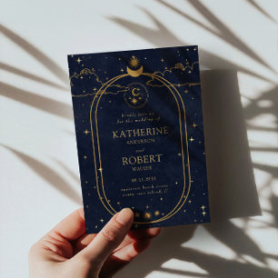 Convites Casamento Azul Místico Celestial Dourado Lua Escur