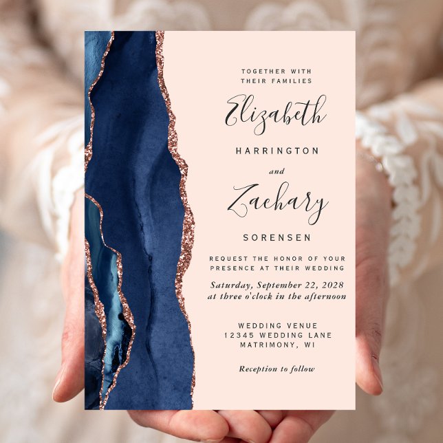 Convites Casamento Azul Moderno Ágata Rosa Dourado Rubor (Criador carregado)