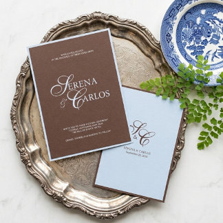 Convites Casamento Azul Moderno em Pó Marrom Chocolate