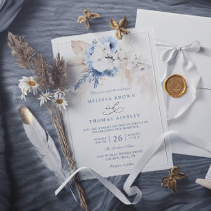 Convites Casamento Azul Moderno Floral Botânico Boho Elegan