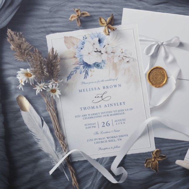 Convites Casamento Azul Moderno Floral Botânico Boho Elegan (Criador carregado)
