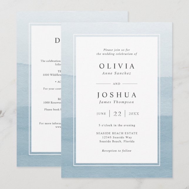 Convites Casamento Azul Moderno Tudo Em Um (Frente/Verso)