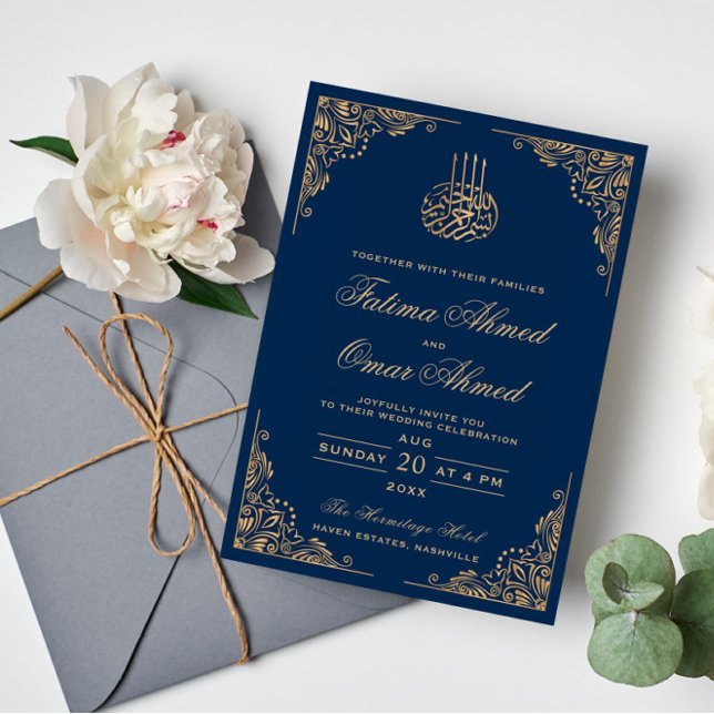 Convites Casamento Azul Muçulmano Islâmico - Ornamentado de (Criador carregado)