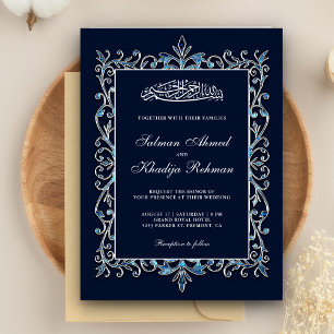 Convites Casamento Azul Muçulmano Ornamentado Real