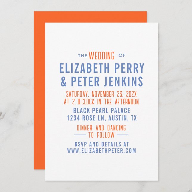 Convites Casamento Azul na moda Retro Laranja (Frente/Verso)