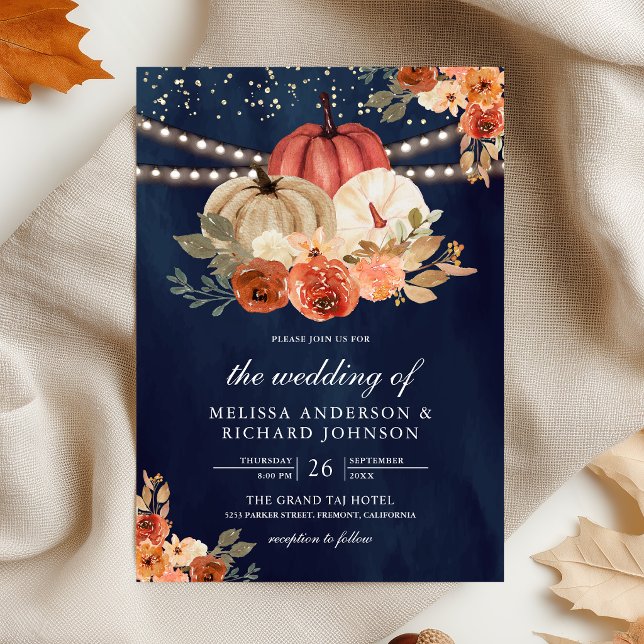 Convites Casamento Azul Naval Abóbora Floral Laranja Queima (Criador carregado)