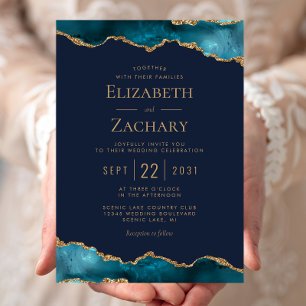 Convites Casamento Azul Naval Ágata Dourada Teal Clássico