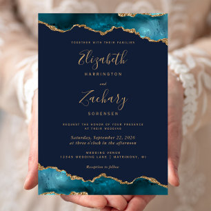 Convites Casamento Azul Naval Ágata Dourada Teal Moderna