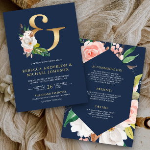 Convites Casamento Azul Naval Ampersand Dourado Floral Magn