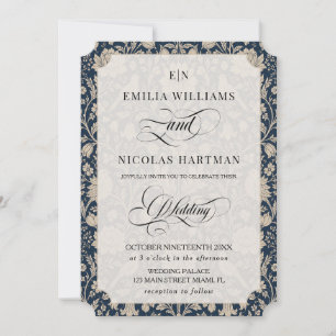 Convites Casamento Azul Naval Art Nouveau