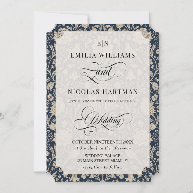Convites Casamento Azul Naval Art Nouveau (Frente)