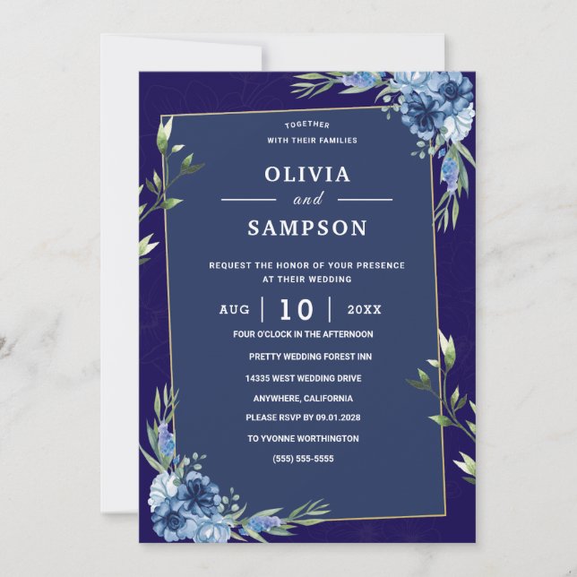 Convites Casamento Azul Naval Borgonha Dourado Rosa (Frente)