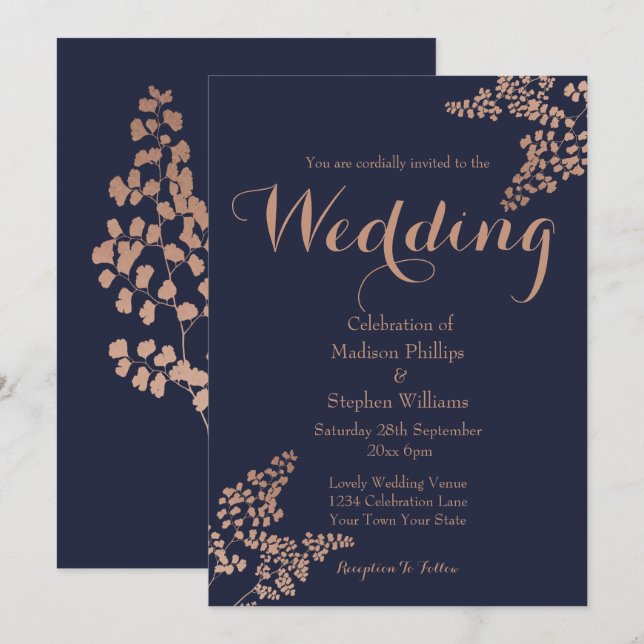 Convites Casamento Azul Naval Botânico e Dourado Rosa (Frente/Verso)