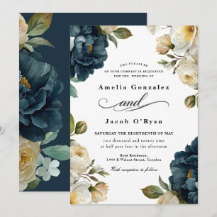 Convites Casamento Azul Naval Botânico Elegante