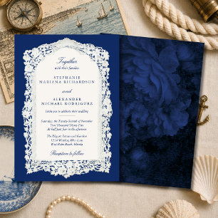 Convites Casamento Azul Naval de Renda Vintage Elegante e A