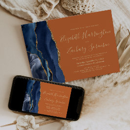 Convites Casamento Azul Naval Dourado Ágata Laranja Queimad