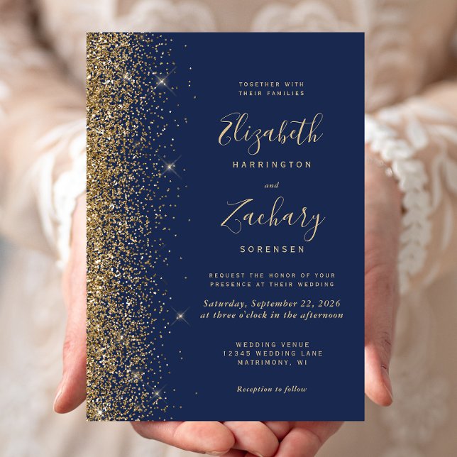 Convites Casamento Azul Naval Dourado Moderno com Brilho Fa (Criador carregado)