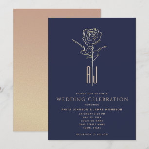 Convites Casamento Azul Naval Dourado Rosa Monogramado