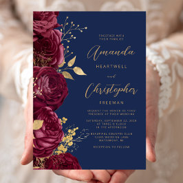 Convites Casamento Azul Naval Dourado Script Floral Borgonh