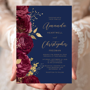 Convites Casamento Azul Naval Dourado Script Floral Borgonh