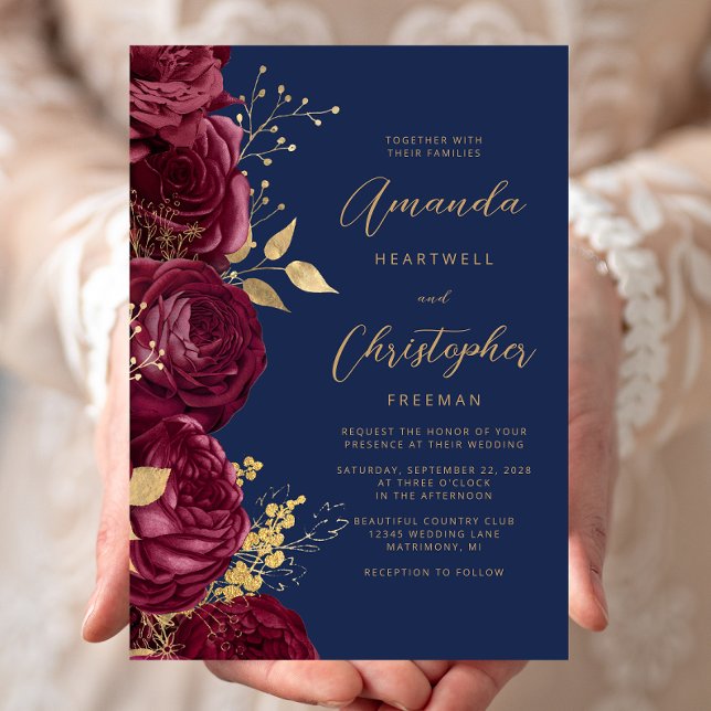 Convites Casamento Azul Naval Dourado Script Floral Borgonh (Criador carregado)